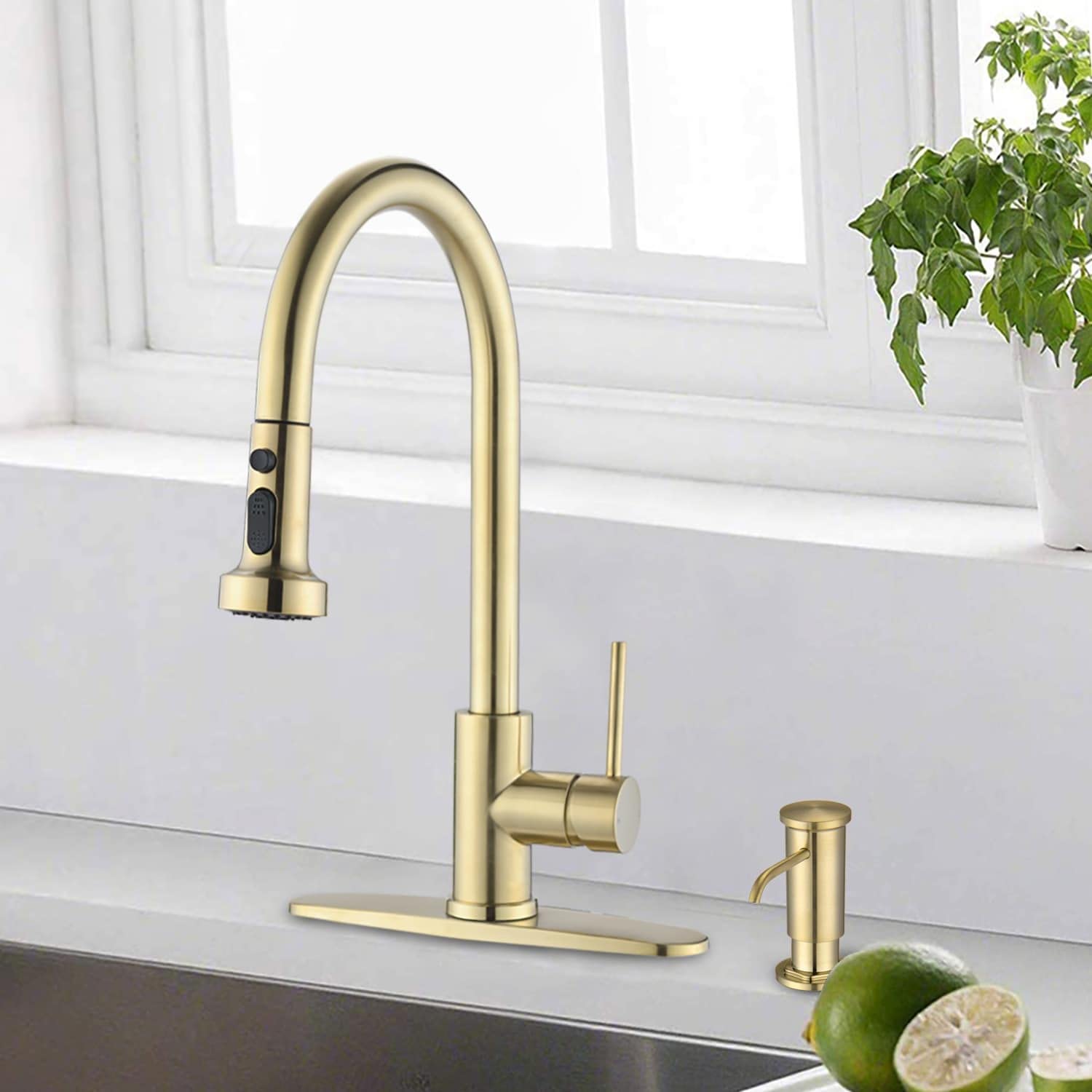 Unbranded Stainless Steel Pull Down Kitchen Faucet with Soap Dispenser Brushed Gold/Matte Black Brushed Gold Brushed