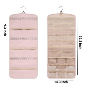 Gurajo Hanging Jewelry Organizer Doubled-sided with Pockets & Hooks for Rings, Earrings, Necklaces, Hair Accessories Storage Roll, Closet Earring Holder Organizer for Wall, Door, Travel, 1 PCS, Pink