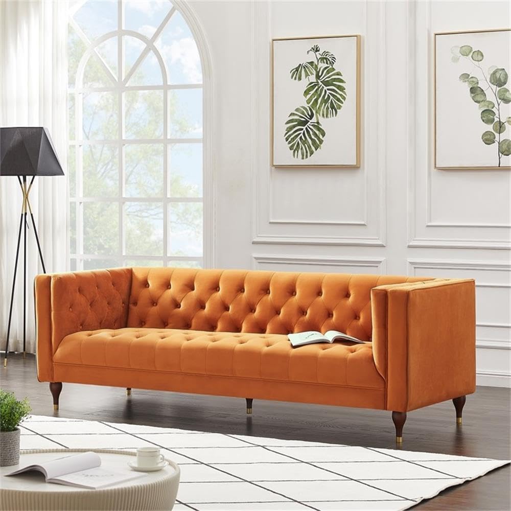 Ashcroft Furniture Co Conroe Mid-Century Tufted Tight Back Velvet Upholstered Sofa in Orange