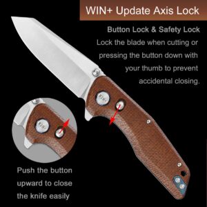 WIN+ Pocket Knife, Folding Knife with Button Lock and Axis Lock, Tactical Knives with Ball Bearing and Thumb Stud, D2 Small EDC Knife for Survival Camping, Ideal gift for Men and Women 3442 (B-Brown-Micarta)