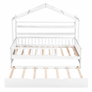 Harper & Bright Designs Wooden Twin Size House Bed with Trundle,Kids Bed with Shelf, White (Twin, White+Trundle)