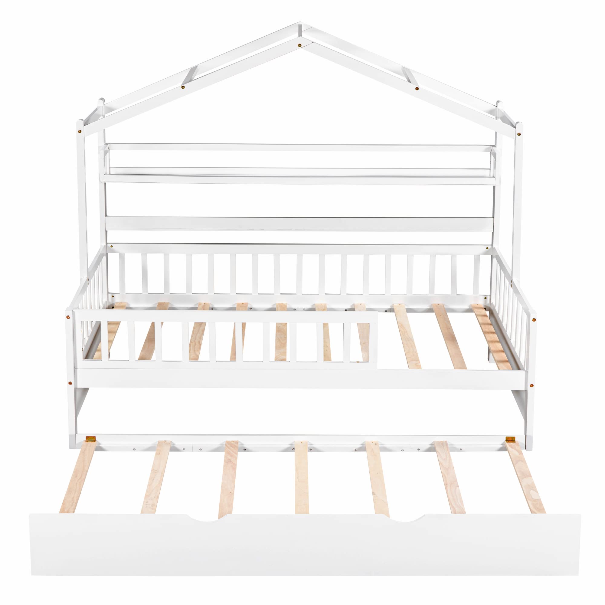 Harper & Bright Designs Wooden Twin Size House Bed with Trundle,Kids Bed with Shelf, White (Twin, White+Trundle)