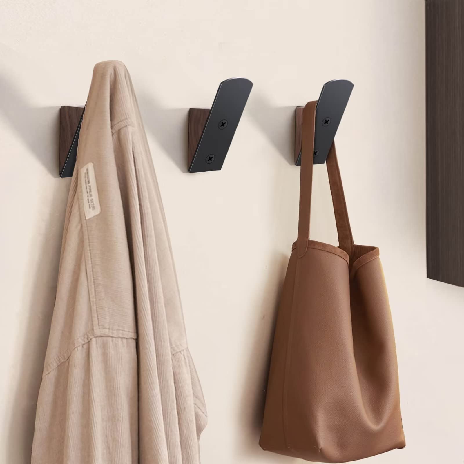 Alxuses Wall Hooks for Hanging - Pack of 3 Coat Hooks Wall Mounted - Decorative Wall Hooks - Black Walnut Wood Black Metal Hooks for Hanging Coats, Hats, Bags