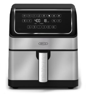 bella 8 qt digital air fryer with turbocrisp technology, large family size nonstick cooking basket and crisping tray, multiple preset functions, auto shutoff, stainless steel, 1750 watt