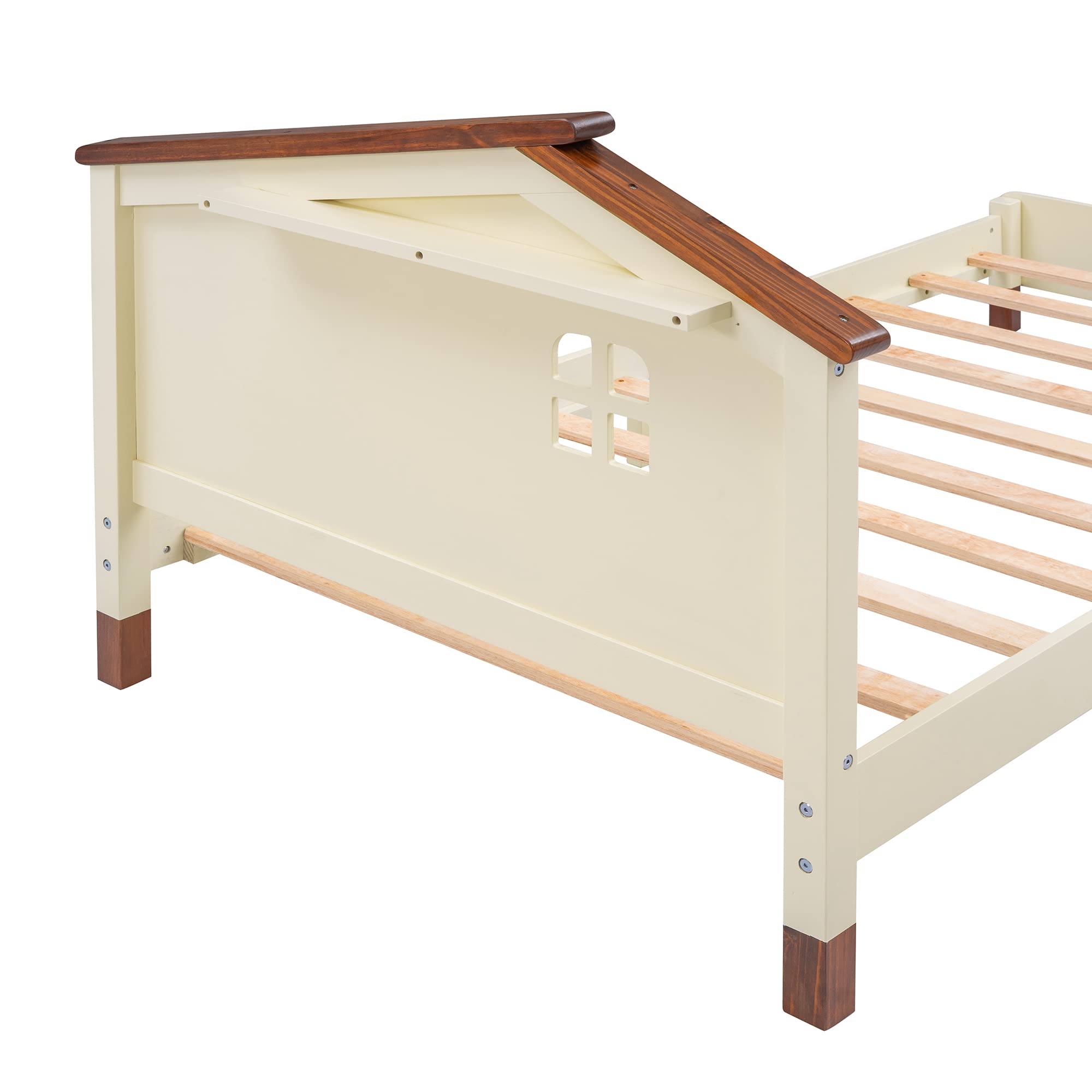 Bellemave Twin Size Platform Bed with Headboard, House Twin Bed with Support Slats, Wooden Kids Twin Size Bed Frame for Boys Girls, No Box Spring Needed, Bedroom Furniture (Cream+Walnut)