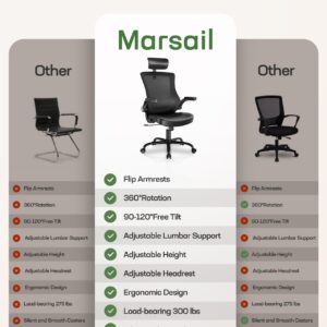 Marsail Office Chair Ergonomic Desk Chair, 360°Swivel Mesh Back Wide Computer Chair PU Leather Criss Cross Chair,Adjustable Lumbar Support & Flip-up Armrests,Adjustable Height Executive Task Chair