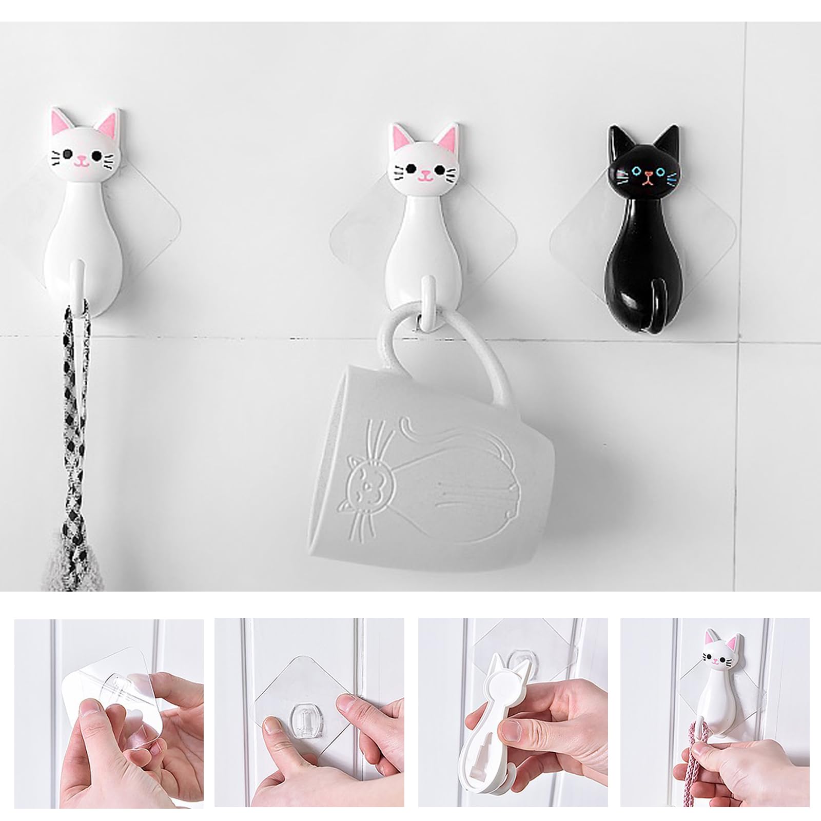 MAHONLIEN 4 Pcs Cute Cat Key Hooks Black White Cat Adhesive Coat Hooks for Wall Decorative