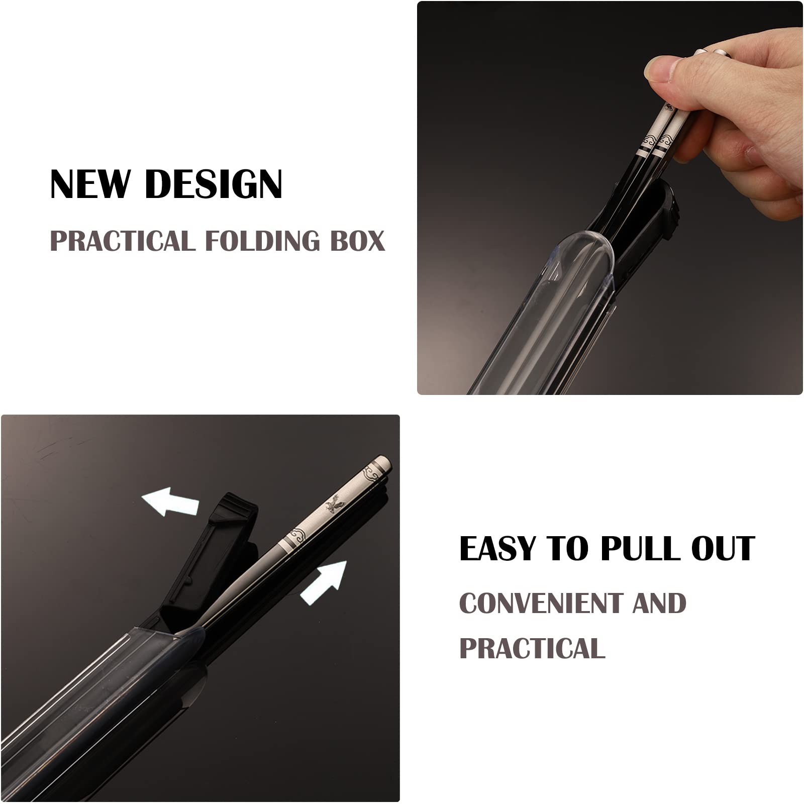 Portable Chopsticks with Pull Design Case, Reusable Metal Stainless Steel Chopstick with Titanium Plated for School, Home, Office, Outdoor, Bento Box Use, Dishwasher Safe (Black Phoenix)