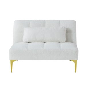 Convertible Sofa Bed, Single Futon Sofa Bed with Adjustable Backrest and Gold Metal Legs, Teddy Fabric Armless Chair for Living Room Bedroom Apartment Office, White