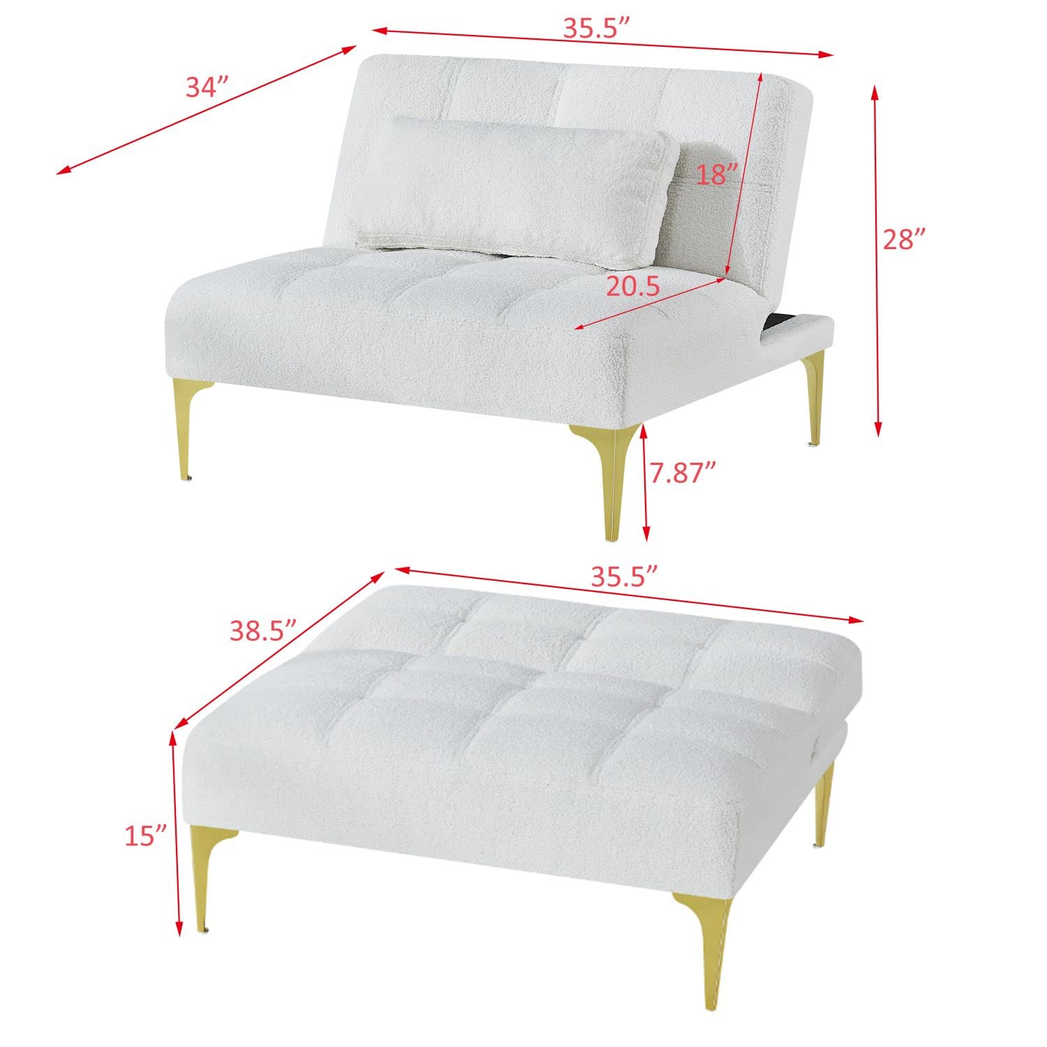 Convertible Sofa Bed, Single Futon Sofa Bed with Adjustable Backrest and Gold Metal Legs, Teddy Fabric Armless Chair for Living Room Bedroom Apartment Office, White