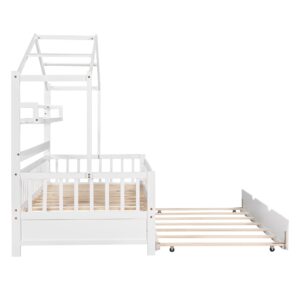 Harper & Bright Designs Wooden Twin Size House Bed with Trundle,Kids Bed with Shelf, White (Twin, White+Trundle)