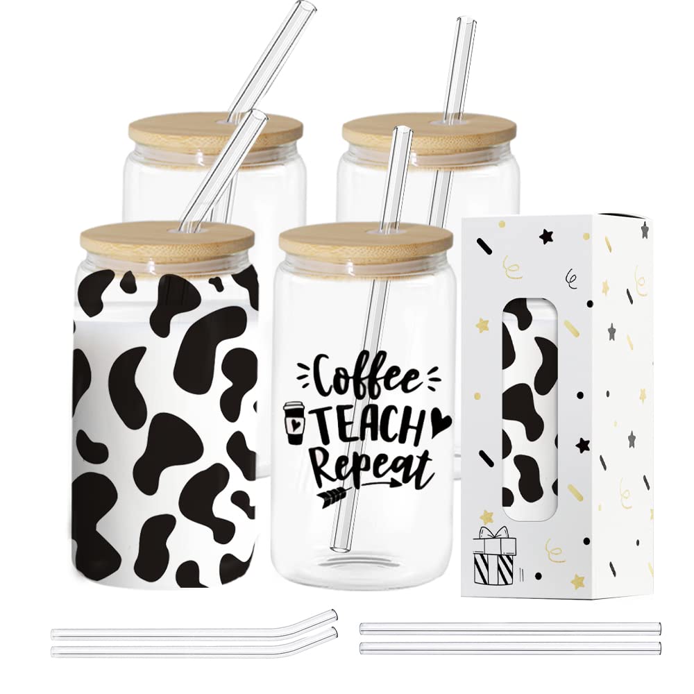 MerryJoy 25 PACK Sublimation Glass Blanks With Bamboo Lid,16 OZ Frosted Glass Cups With Lids And Straws,Sublimation Glass Can,Sublimation Glass Blanks For Iced Coffee,Juice,Soda,Drinks,Beer