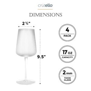 Crutello Modern Wine Glasses 17 oz Glassware, Set of 4, Unique Fluted Glassware with Vintage Ripple Texture, Art Deco Red Wine or Fancy White Wine Glass