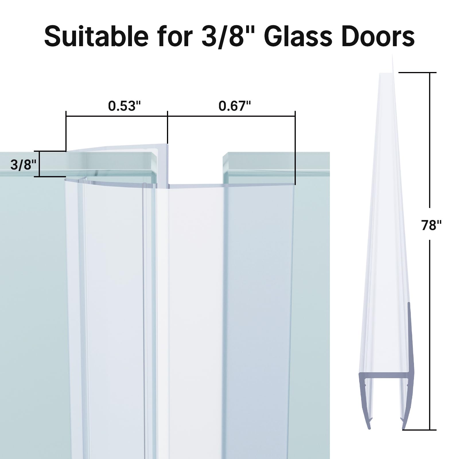 AmazerBath Shower Door Side Seal Strip (Set of 2), Frameless Glass Shower Door Seal Strip - Suitable for 3/8 Inch Glass, 78 inch