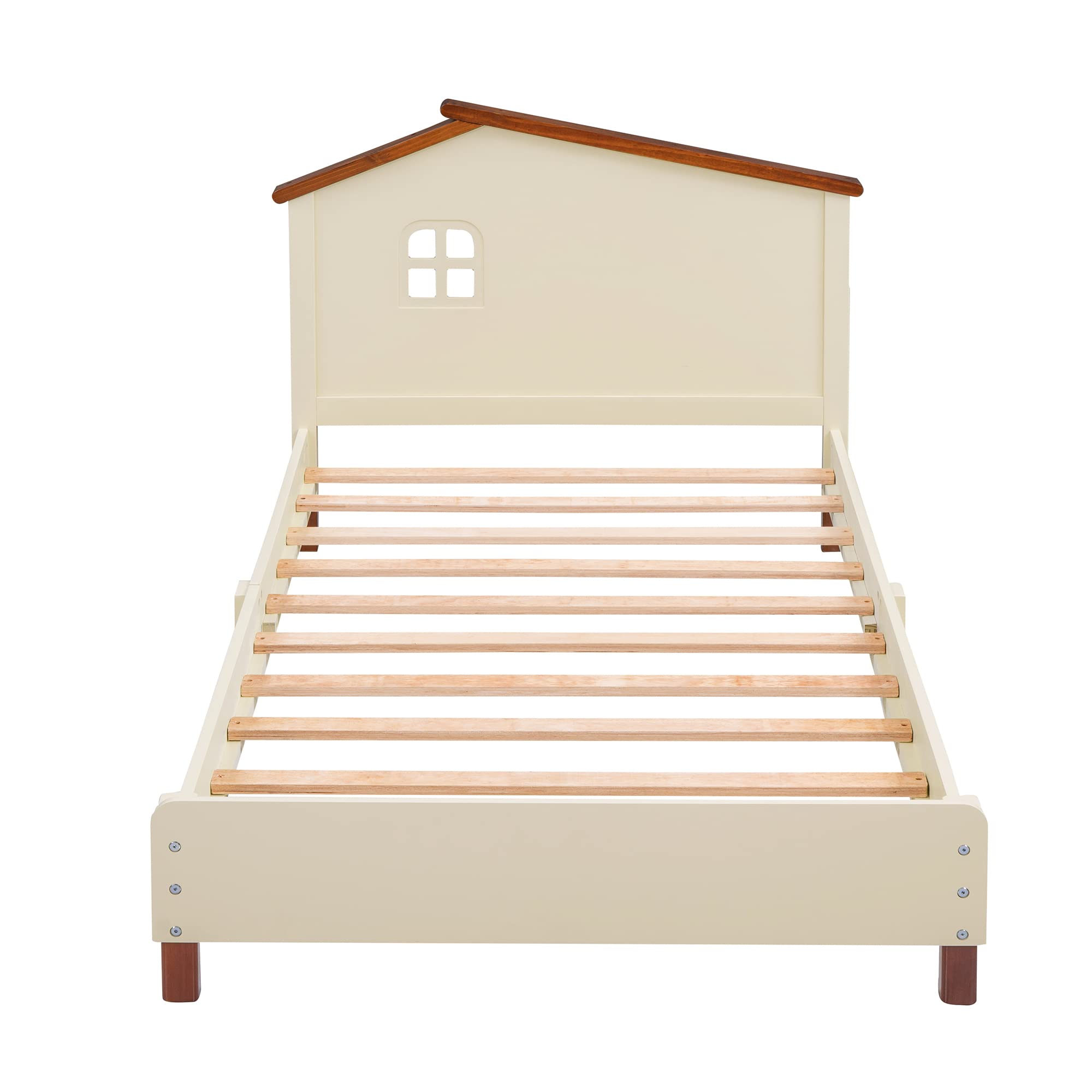 Bellemave Twin Size Platform Bed with Headboard, House Twin Bed with Support Slats, Wooden Kids Twin Size Bed Frame for Boys Girls, No Box Spring Needed, Bedroom Furniture (Cream+Walnut)