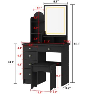 AGOTENI Black Vanity Set with Mirror, Makeup Vanity Dressing Table with Lighted Mirror, 5 Drawers, Shelves, Dresser Desk and Cushioned Stool Set