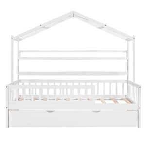 Harper & Bright Designs Wooden Twin Size House Bed with Trundle,Kids Bed with Shelf, White (Twin, White+Trundle)