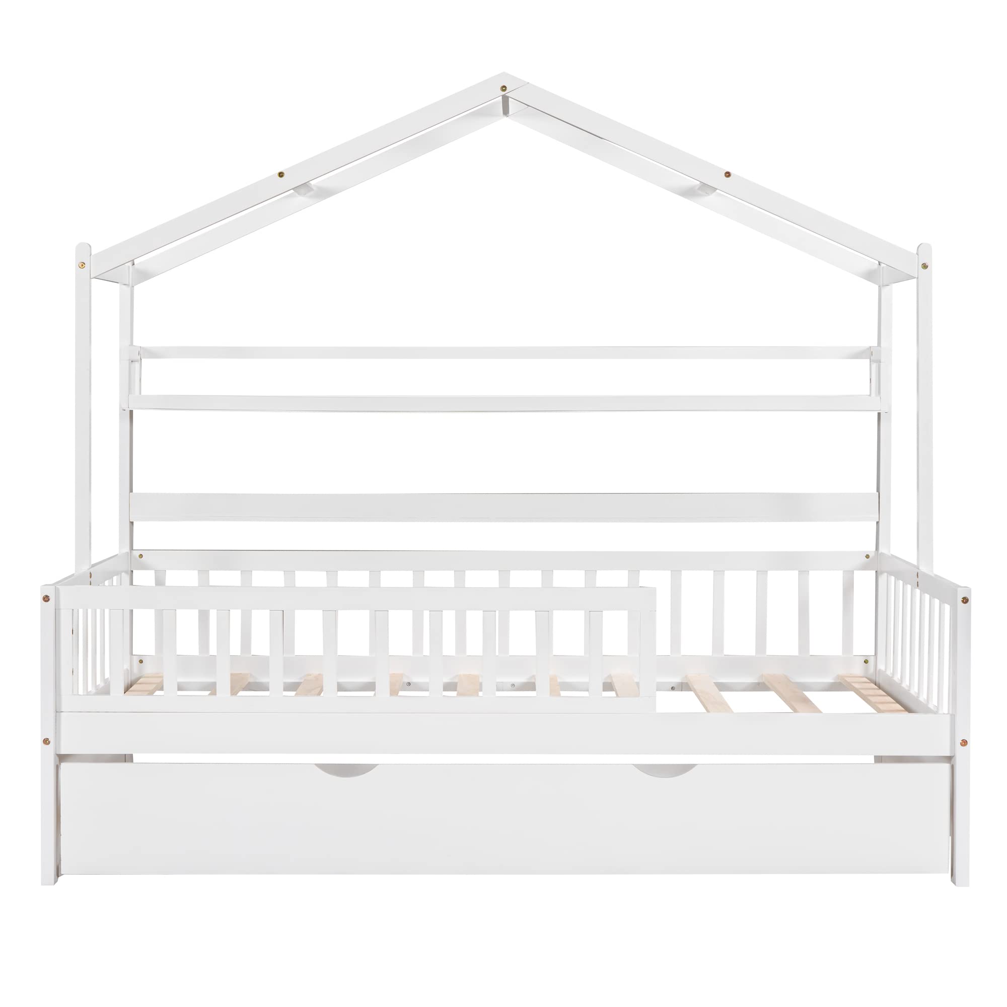 Harper & Bright Designs Wooden Twin Size House Bed with Trundle,Kids Bed with Shelf, White (Twin, White+Trundle)