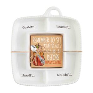 mud pie pumpkin sectioned server set, dish 11" x 11" | spoon 3 1/2" | napkin 5" x 5", white