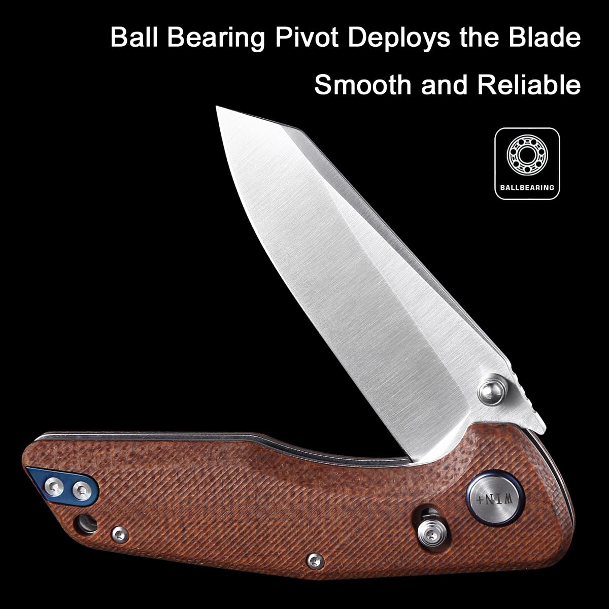 WIN+ Pocket Knife, Folding Knife with Button Lock and Axis Lock, Tactical Knives with Ball Bearing and Thumb Stud, D2 Small EDC Knife for Survival Camping, Ideal gift for Men and Women 3442 (B-Brown-Micarta)