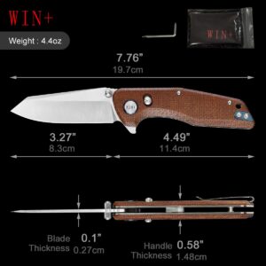 WIN+ Pocket Knife, Folding Knife with Button Lock and Axis Lock, Tactical Knives with Ball Bearing and Thumb Stud, D2 Small EDC Knife for Survival Camping, Ideal gift for Men and Women 3442 (B-Brown-Micarta)