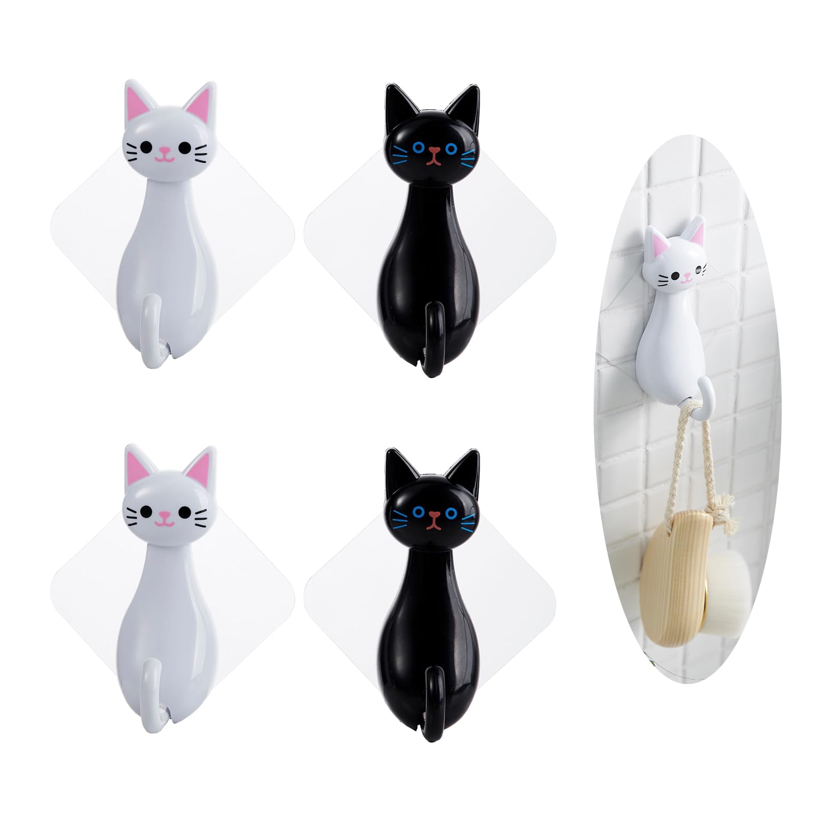 MAHONLIEN 4 Pcs Cute Cat Key Hooks Black White Cat Adhesive Coat Hooks for Wall Decorative