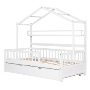 Harper & Bright Designs Wooden Twin Size House Bed with Trundle,Kids Bed with Shelf, White (Twin, White+Trundle)