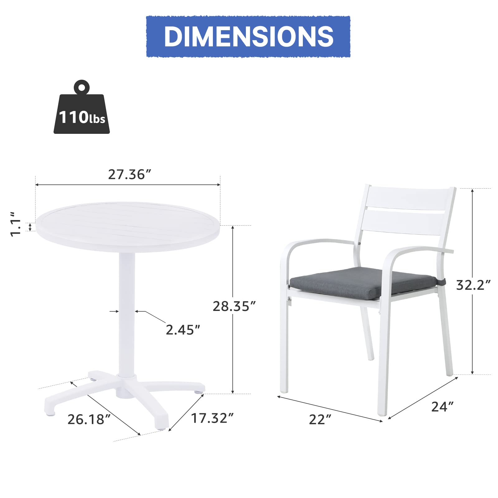 Soleil Jardin Patio Bistro Set 3 Piece Outdoor Dining Set, Aluminum Outdoor Patio Furniture w/Round Folding Table & Cushioned Stackable Chairs for Lawn, Porch, Yard and Garden, Dark-Grey