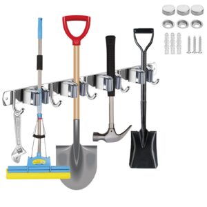 mokife mop broom holder wall mount heavy duty adhesive tools organizer rack stainless steel with 4 positions 5 hooks for utility room, garage, laundry, garden, kitchen, bathroom, toilet and office