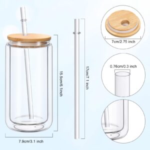 Didaey 12 Pcs Sublimation Blanks Glass with Bamboo Lid Plastic Straw Double Wall Sublimation Glasses Tumbler Cups Drinking Can Jars for Juice Beer Soda Iced Coffee Snow Globe DIY Gift (Wood,12oz)