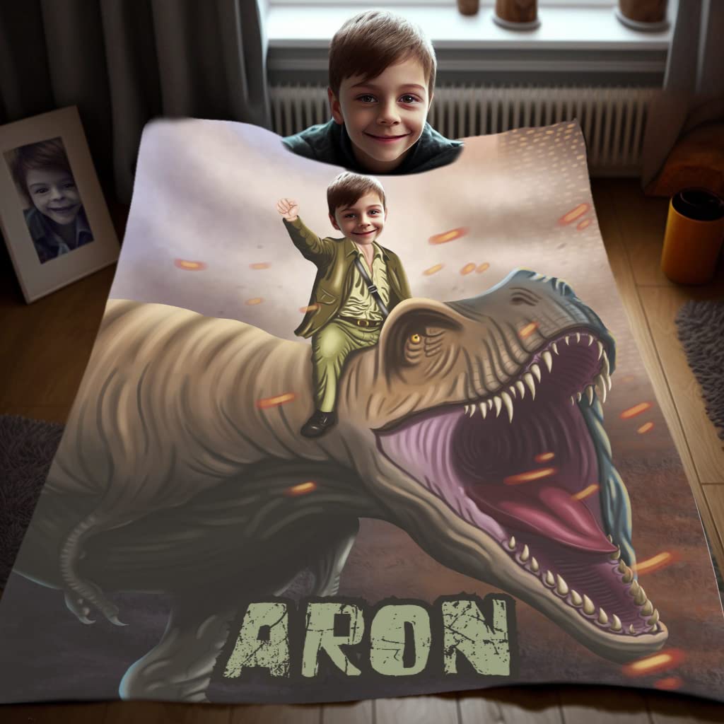 Dinosaur Photo Blanket, Custom Blankets with Your Face, Personalized Photo Gifts for Him, Custom Dino Gift for Boys Men, Kids Photo Blanket, Customized Minky Throw Blanket for Bed Sofa 50 x 60 L71