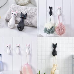 MAHONLIEN 4 Pcs Cute Cat Key Hooks Black White Cat Adhesive Coat Hooks for Wall Decorative