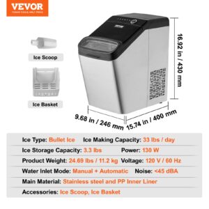 VEVOR Countertop Ice Maker, 33lbs in 24Hrs, 2 Ways to Water Inlet Self-Cleaning Portable Ice Maker with 2 Sizes Bullet Ice, Ice Maker with Scoop and Basket for Home Kitchen Office Party