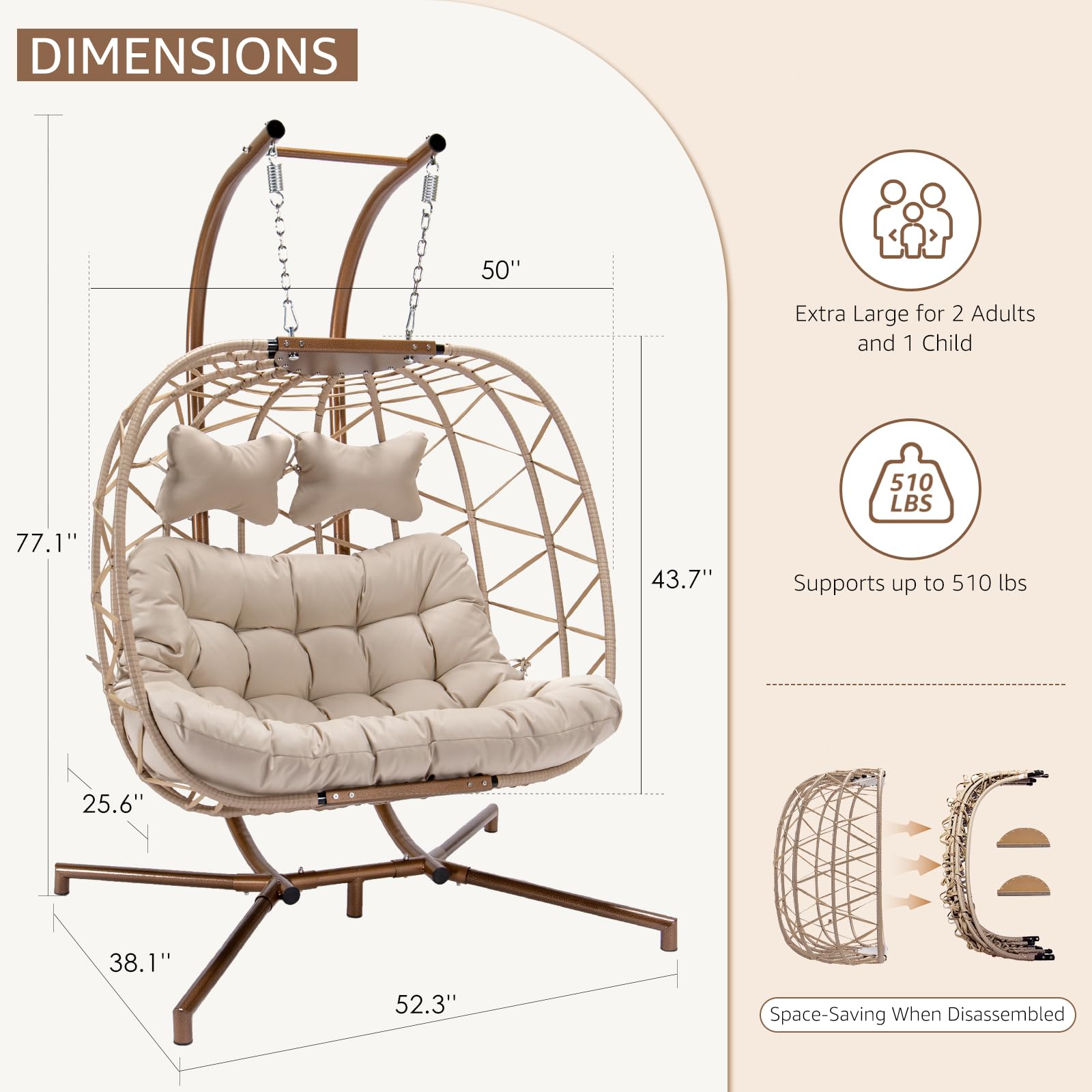 NICESOUL® Indoor Outdoor 2 Person Egg Chair Double Swing Chair with Stand Large Cream Wicker Patio Twins Basket Hanging Egg Chair with Cover 510lbs Capacity for Bedroom Balcony Oversized