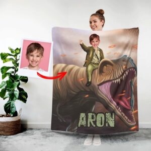 Dinosaur Photo Blanket, Custom Blankets with Your Face, Personalized Photo Gifts for Him, Custom Dino Gift for Boys Men, Kids Photo Blanket, Customized Minky Throw Blanket for Bed Sofa 50 x 60 L71