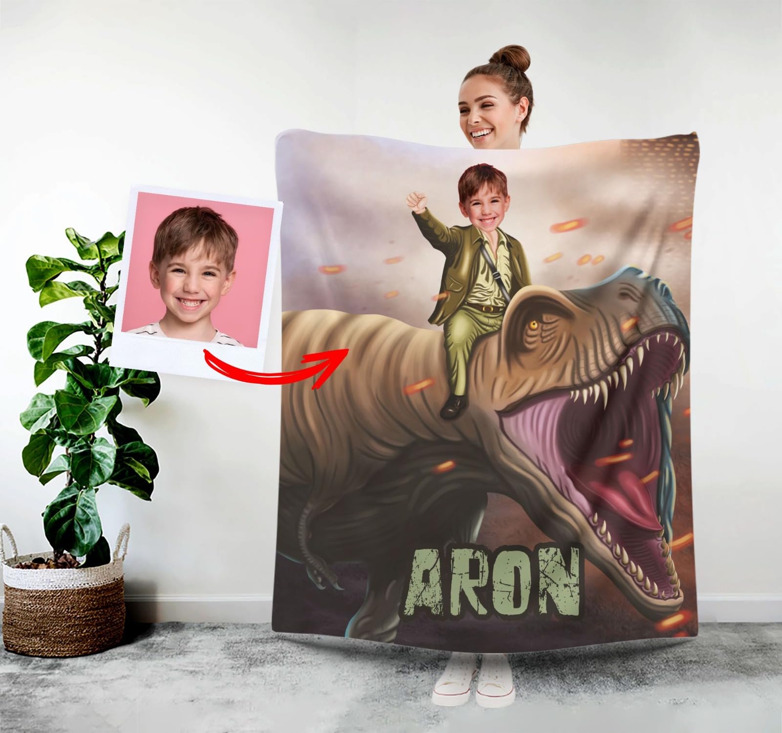 Dinosaur Photo Blanket, Custom Blankets with Your Face, Personalized Photo Gifts for Him, Custom Dino Gift for Boys Men, Kids Photo Blanket, Customized Minky Throw Blanket for Bed Sofa 50 x 60 L71