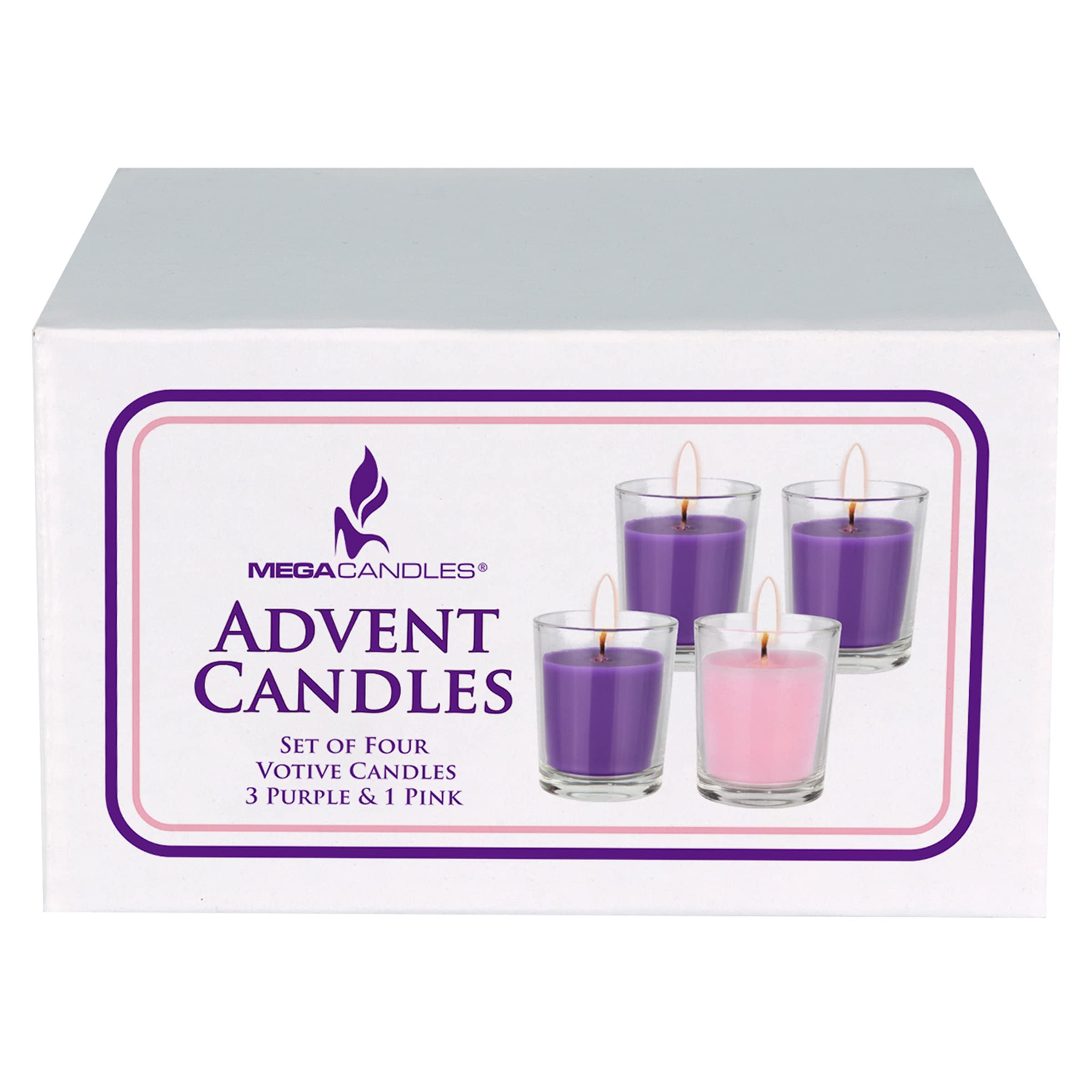 Mega Candles 4 pcs Unscented Christmas Advent Candles Set, Hand Poured Premium Wax Glass Container Votive Candle 2 Inch x 2.5 Inch, Holidays, Celebrations, Devotional, Church, Wreath, Party, Gifts