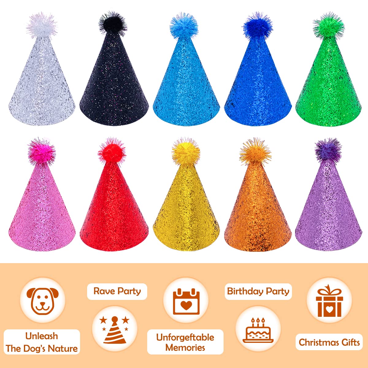 Pai Sence Glitter Pom-pom Party Hats - 10 Pcs Large Adjustable Cone Hats for Kids & Adults, Reusable Birthday Supplies & Decorations