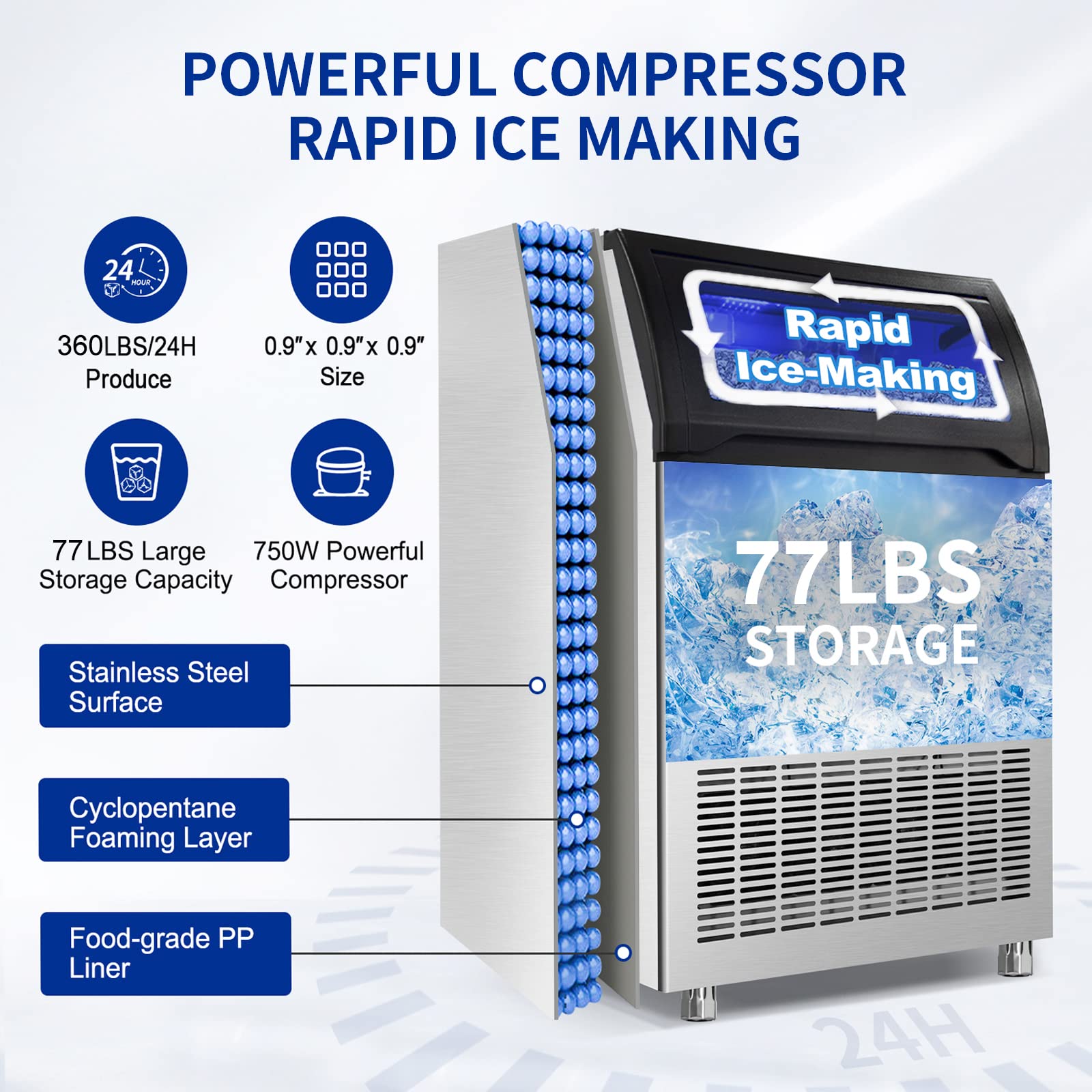 Commercial Ice Maker Machine 360LBS/24H with 77LBS Large Ice Storage Bin, 126Pcs Clear Ice Cubes in 11Mins, Stainless Steel Under Counter Industrial Ice Machine for Bar, Restaurant Business