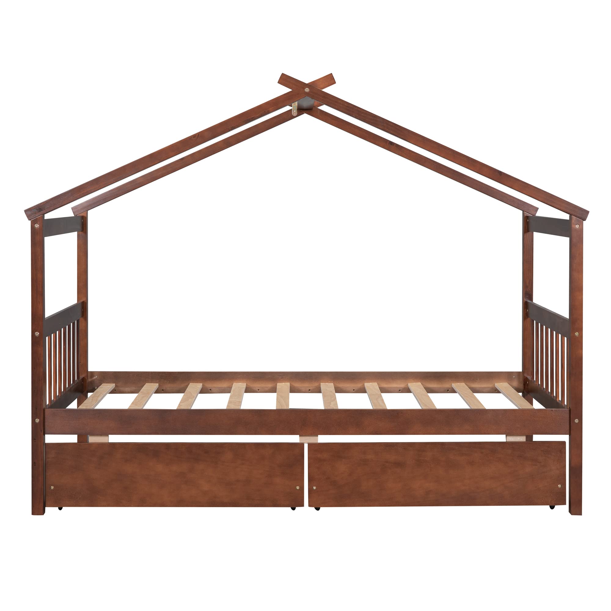 Twin Size House Bed with 2 Storage Drawers Wooden Kids Montessori House Bed Frame Wood Playhouse Tent Bed for Girls Boys Teens, Walnut