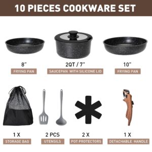 MAISON ARTS Detachable Handle Pots and Pans Set, 10 Piece Nonstick Induction Cookware Sets with Removable Handle, Black Granite Cooking Set, Ideal for Camping and RVs