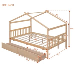 Full Size House Bed with 2 Storage Drawers Wooden Kids Montessori House Bed Frame Wood Playhouse Tent Bed for Girls Boys Teens, Natural