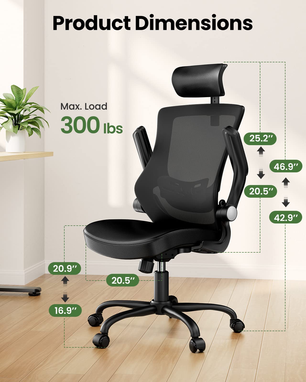 Marsail Office Chair Ergonomic Desk Chair, 360°Swivel Mesh Back Wide Computer Chair PU Leather Criss Cross Chair,Adjustable Lumbar Support & Flip-up Armrests,Adjustable Height Executive Task Chair