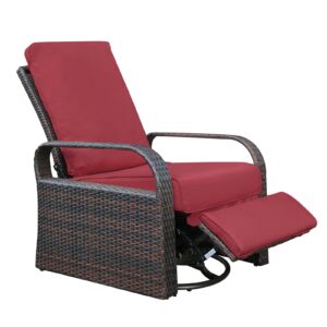 skypatio outdoor swivel rattan recliner chair, adjustable backrest angle patio wicker recliner lounge chair with comfortable cushions, all-weather resin rattan & aluminum frame(red)