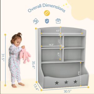 Curipeer Kids Bookshelf, Three-and-a-Half Tier Wooden Bookcase, Bookshelf for Playing Room, Nursery, Bedroom, Toy Storage Cabinet with 5 Cube Units, Star Pattern Kids' Toy Storage Organizer, Gray