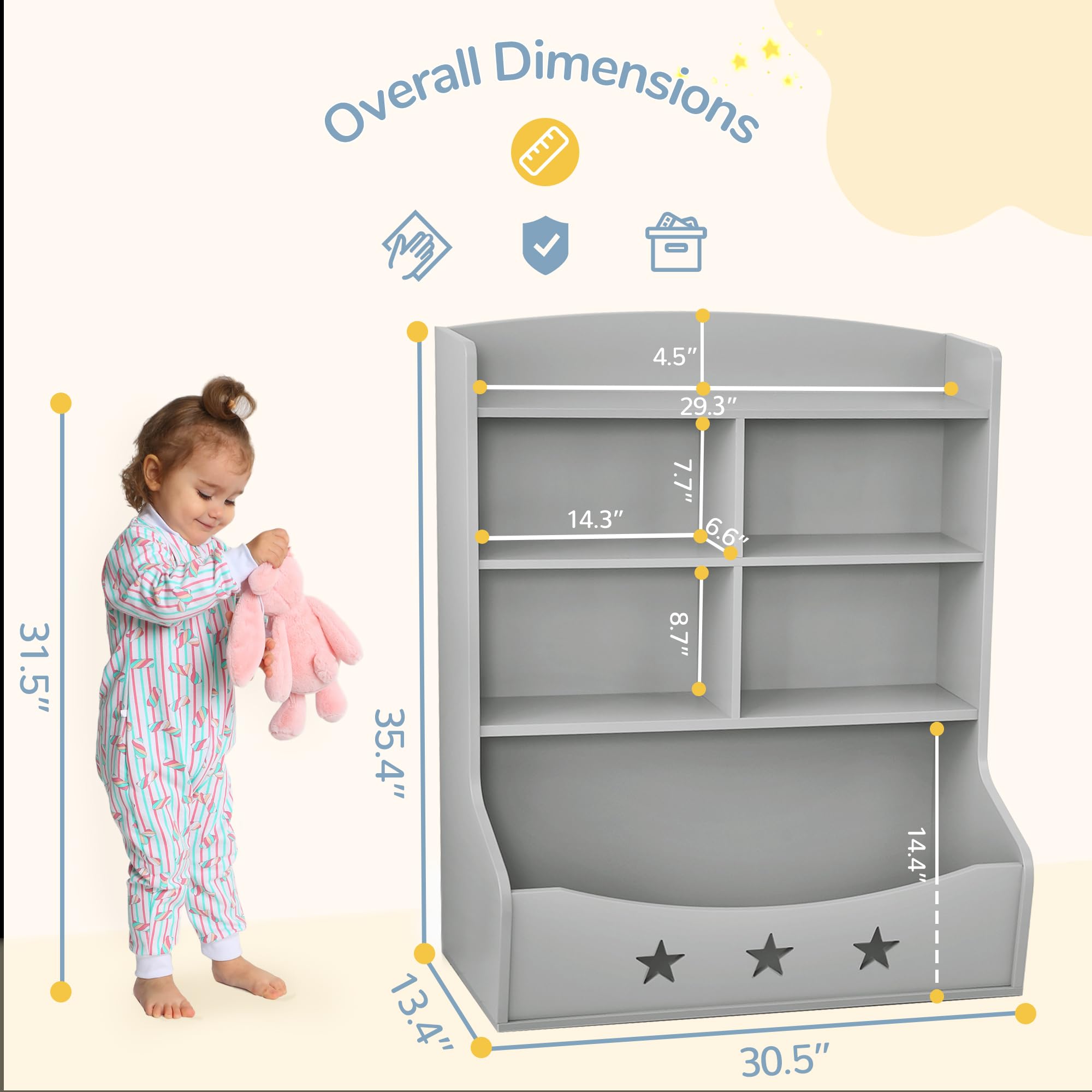 Curipeer Kids Bookshelf, Three-and-a-Half Tier Wooden Bookcase, Bookshelf for Playing Room, Nursery, Bedroom, Toy Storage Cabinet with 5 Cube Units, Star Pattern Kids' Toy Storage Organizer, Gray