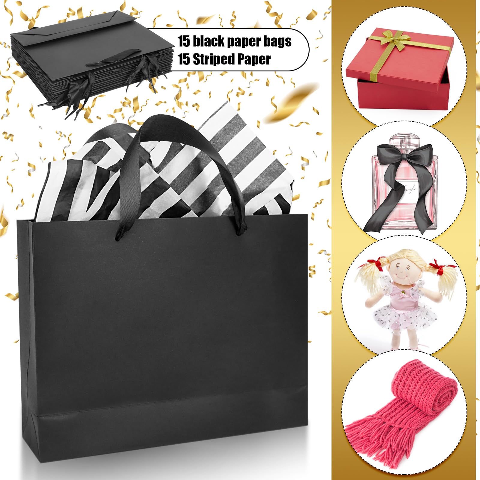 Rcybeo 15 Pack 10.6x3.1x8.3 Inch Black Gift Bags, Black Paper Bags with Tissue Paper, Black Gift Bags with Ribbon Handles for Retail, Grocery, Boutique, Wedding, Birthday, Party Supplies and Gifts