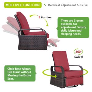 Skypatio Outdoor Swivel Rattan Recliner Chair, Adjustable Backrest Angle Patio Wicker Recliner Lounge Chair with Comfortable Cushions, All-Weather Resin Rattan & Aluminum Frame(Red)