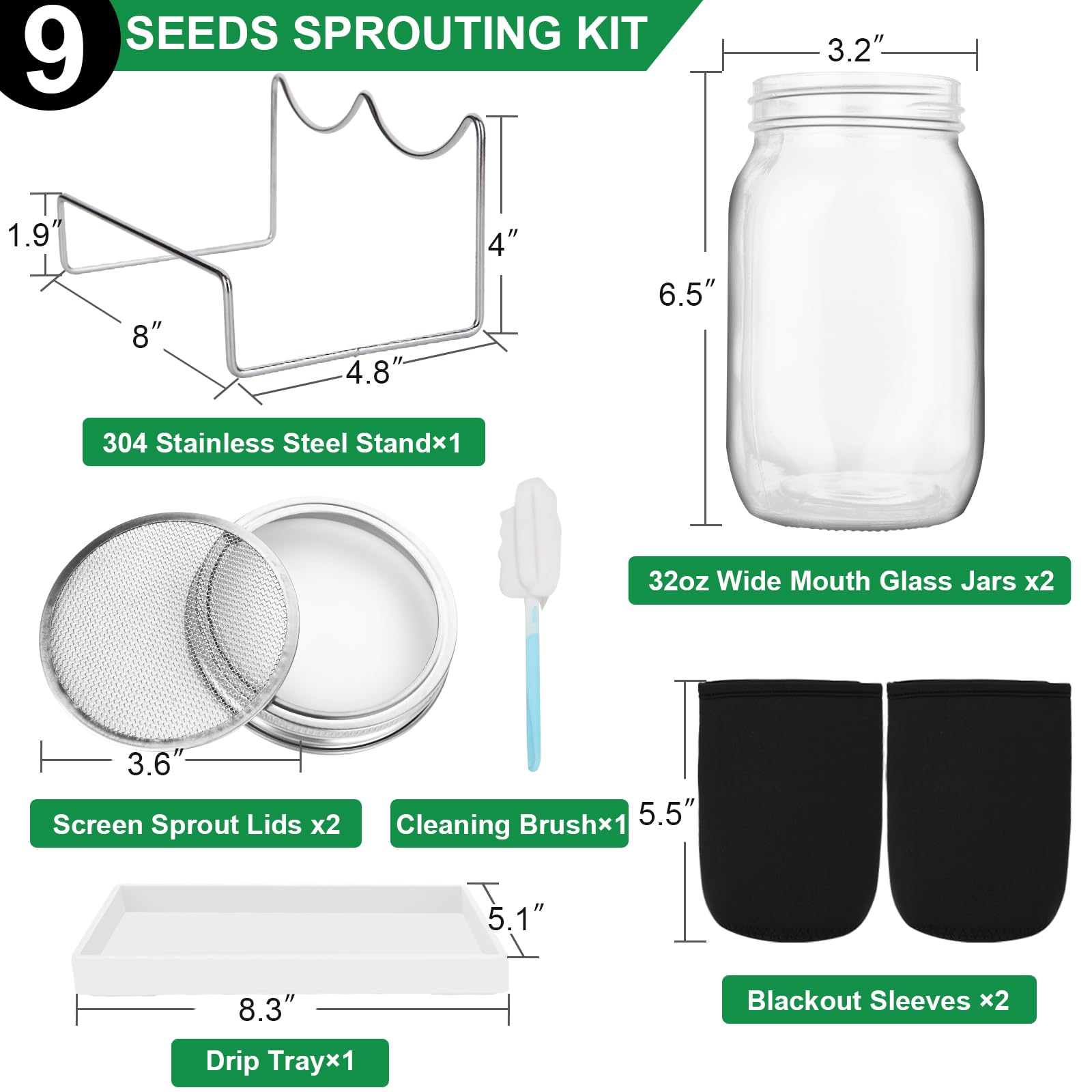 Sprouting Jar Kit, 32 OZ 2 Large Wide Mouth Mason Jars with Sprout Lids, Premium Canning Lids, Blackout Sleeves, Tray,Stand & Canning Brush - Sprouting Kit for Growing Broccoli, Mung Bean, Alfalfa