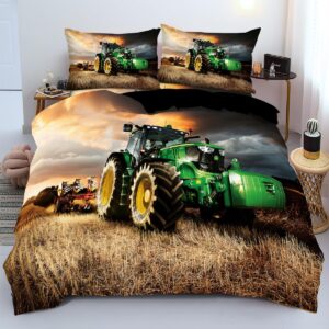 duvet cover twin kids green tractor, bedding set twin for boys girls, soft microfiber comforter cover with zipper closure, 3 pieces (1 quilt cover + 2 pillow shams, 68x86 inch)